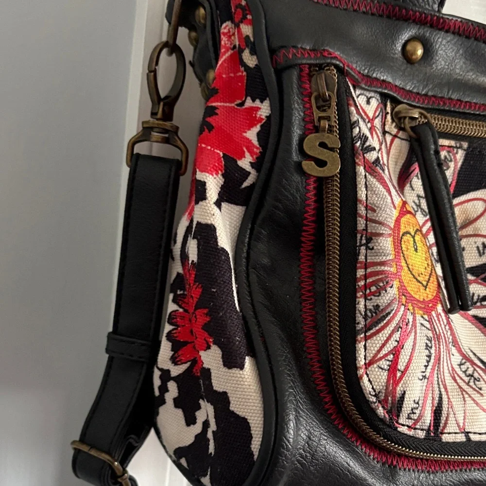 Desigual Black Satchel Red & White Floral Detail Top Handle w. Crossbody Strap
